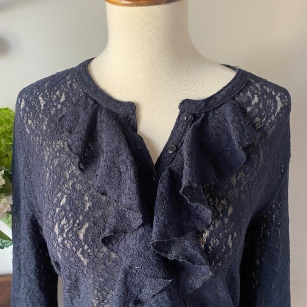 Ralph Lauren Black Stretch Lace Ruffle Top M - Picture 4 of 6